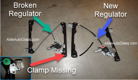 The photo is of a window regulator which carries the door glass inside the door panel.  
The regulator broke as the retainer clamp has broken off the carriage.