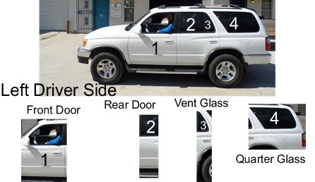 Side auto glass on a Toyota 4-Runner. Different glass parts: Door Glass, Quarter Glass, Sliding Cargo Door Glass, 
Vent Glass, Window Glass on a 2001 Toyota 4Runner